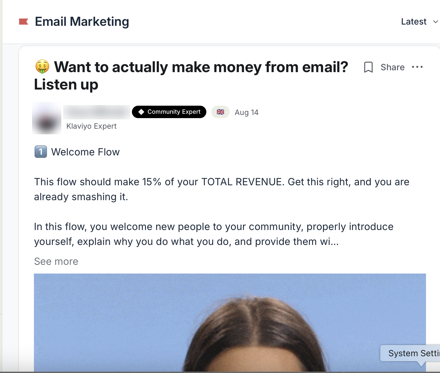 Inside The Formula: the Email Marketing discussion board with a coach post on Klaviyo welcome flows