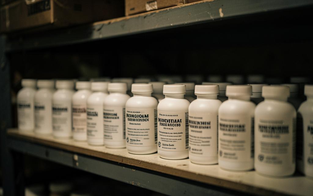 Rows of unbranded supplement bottles on a warehouse shelf